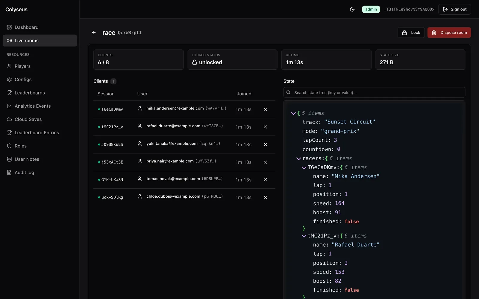 Admin panel: live room inspector